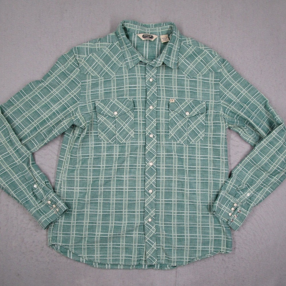 Salt Valley Western Mens Large Green Plaid Pearl Snap Long Sleeve Shirt Cotton